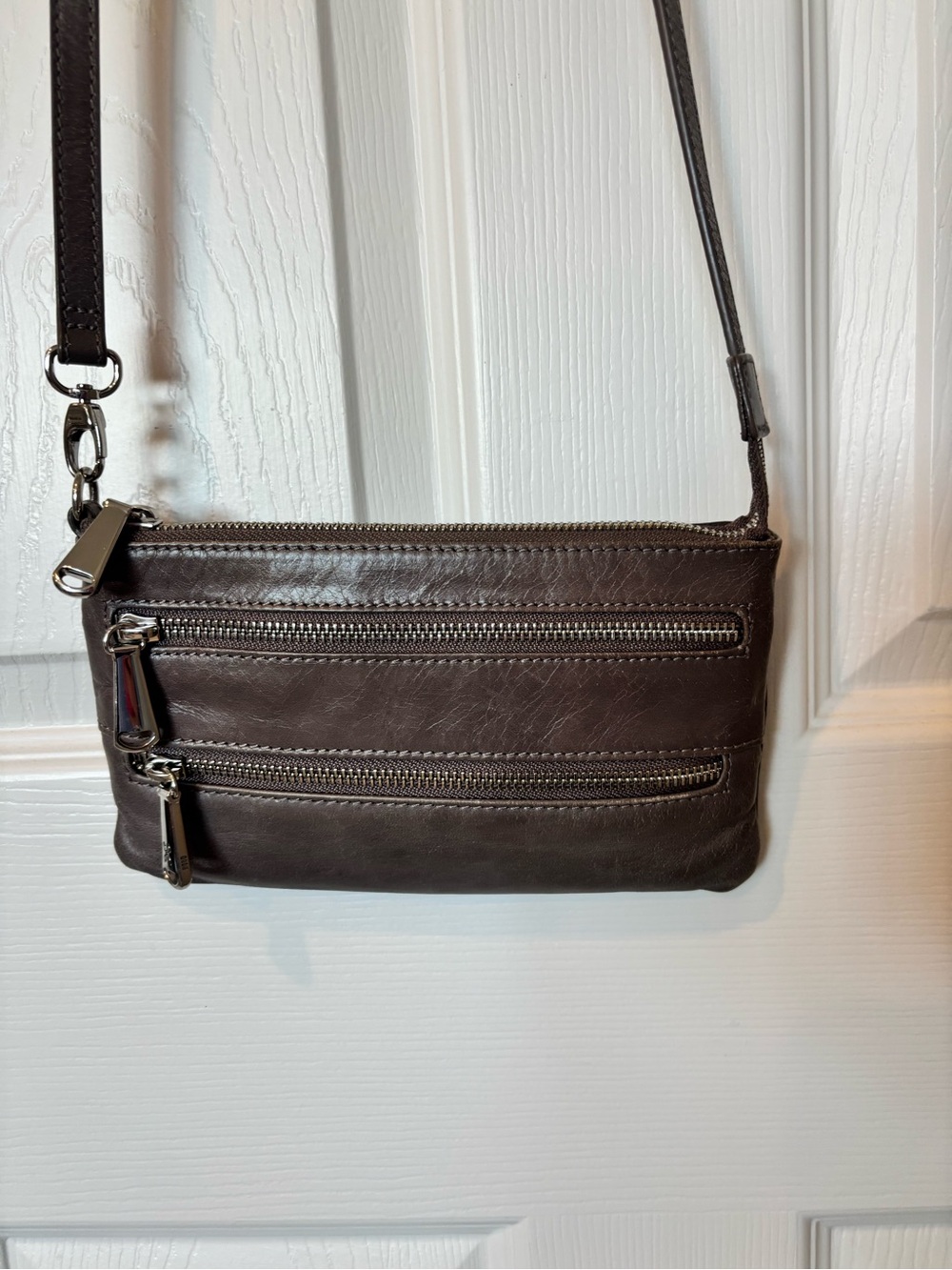 Compact Grey Leather Crossbody Bag